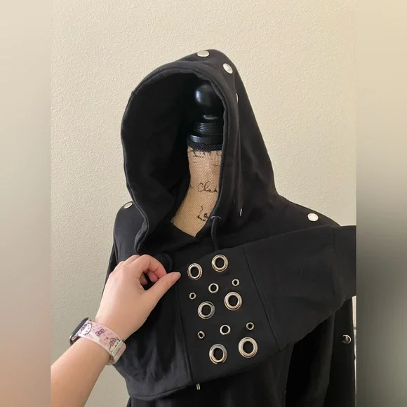 Missguided Black heavyweight long oversized Hoodie Grommet studded  large 12 - Picture 5 of 6